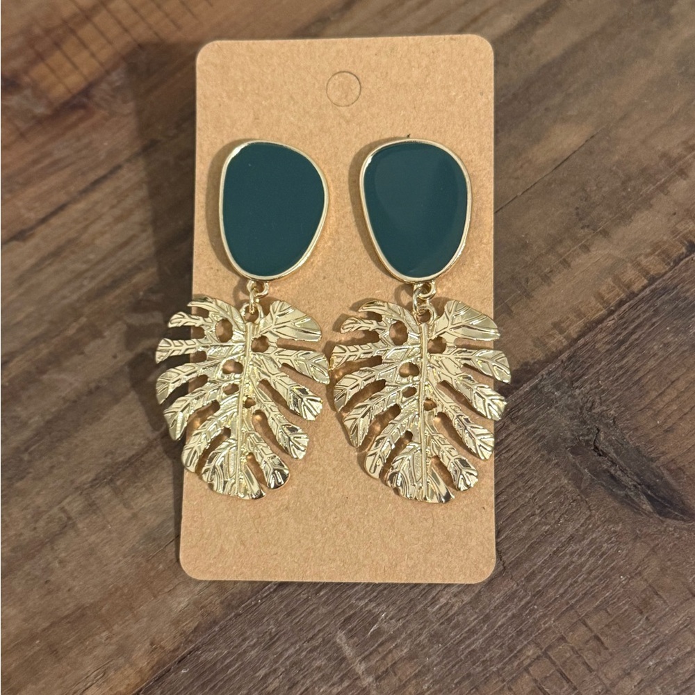 Gold Leaf Drop Earrings with Teal Accent